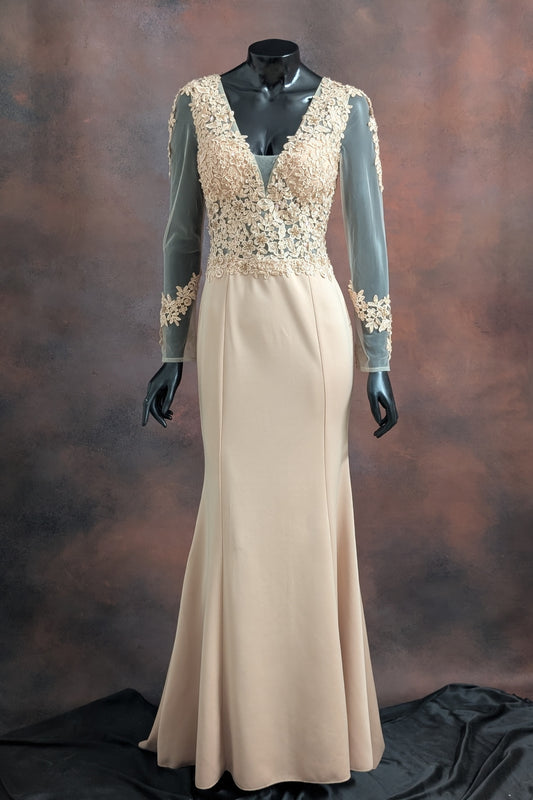 Beige Floral Lace Evening Gown