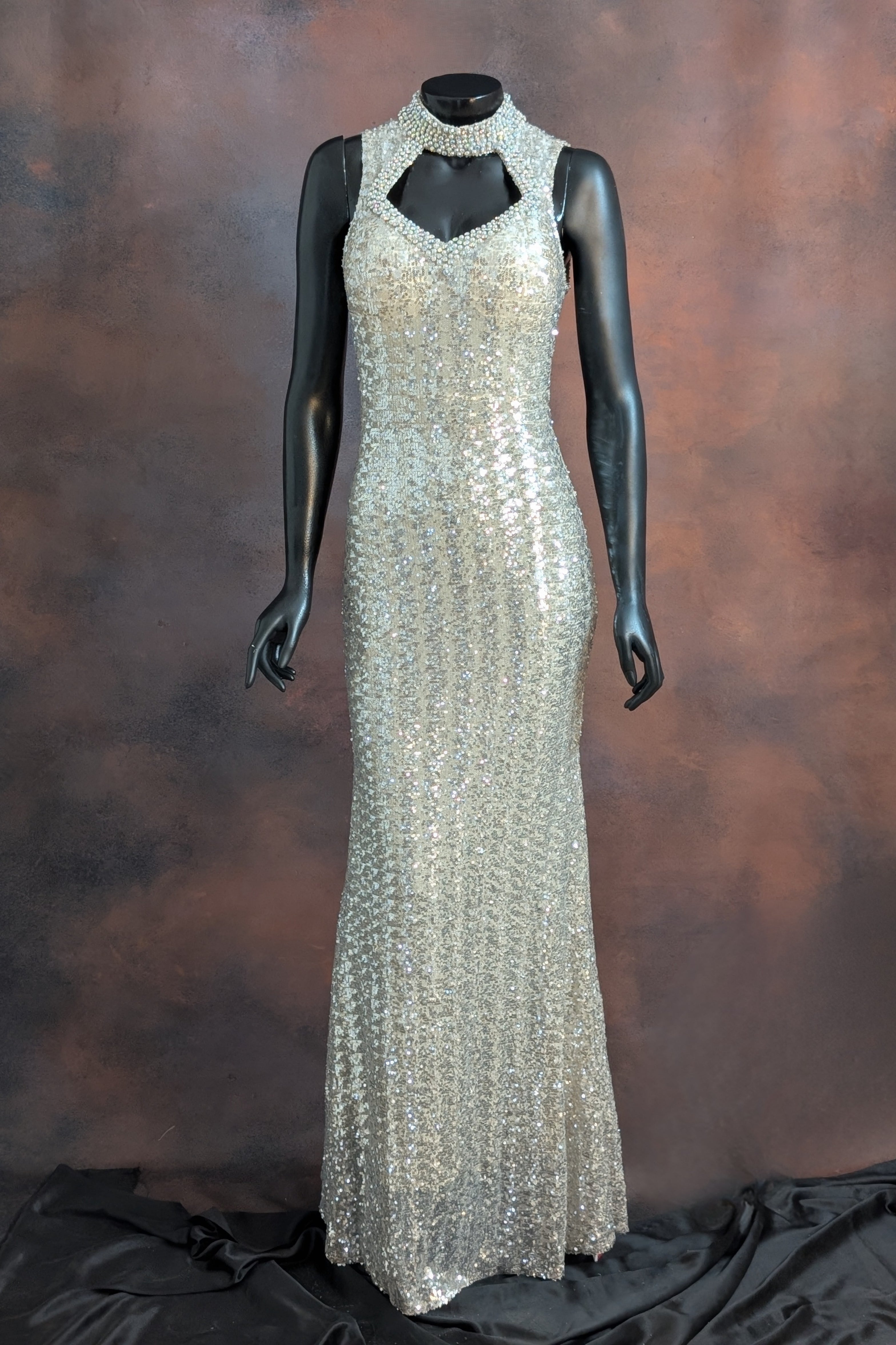 Pearl-Embellished Halter Neck Sequin Evening Gown