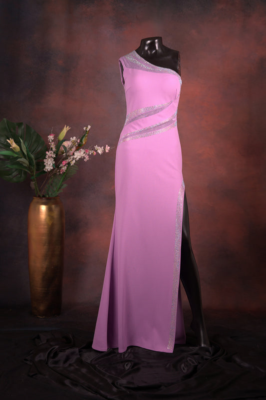 Lilac One-Shoulder Crystal Trim Gown