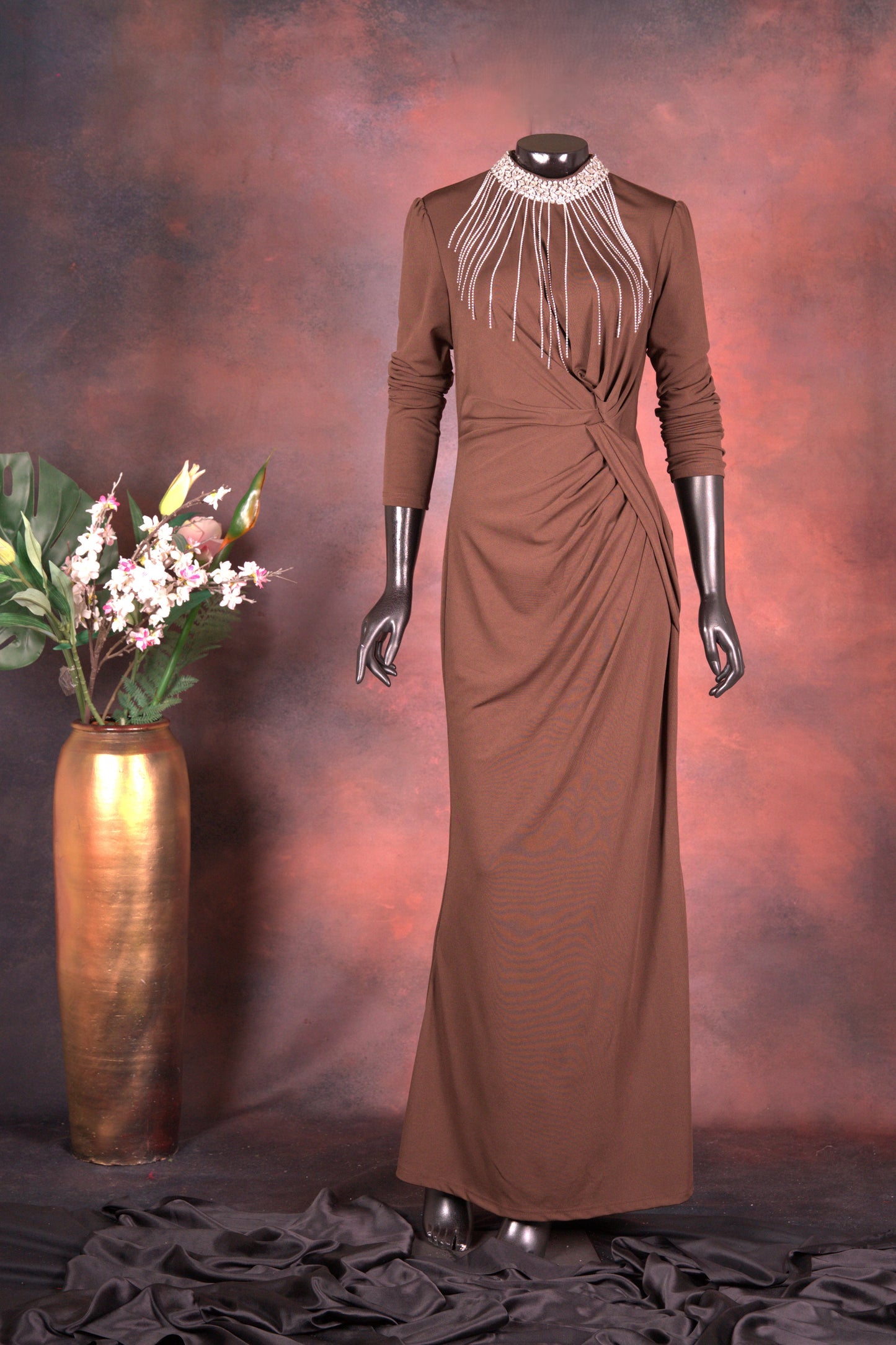 Chocolate Brown Ruched Evening Gown with Statement Neckline