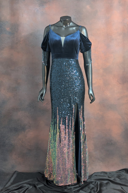 Midnight Blue Velvet & Sequin Fringe Gown