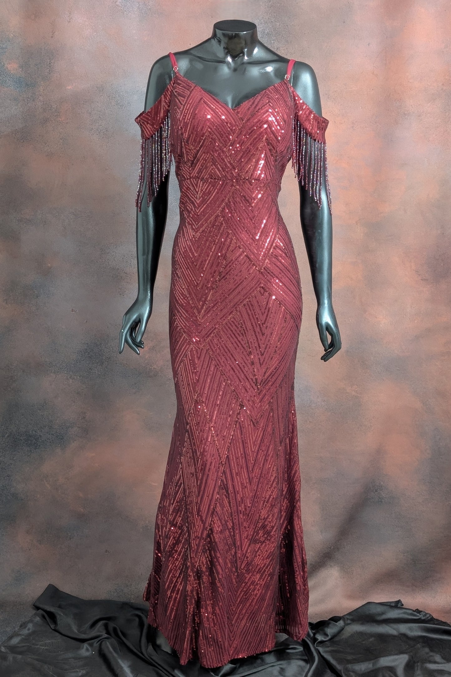 Sequin Cold-Shoulder Fringe Evening Gown