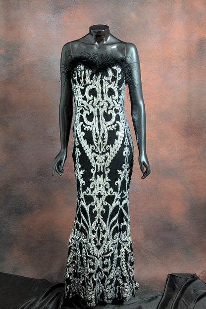 Black & Emerald Green Sequin Strapless Gown with Feather Detailing