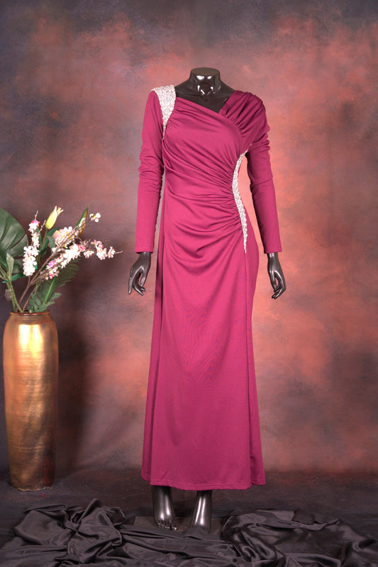 Wine Draped Gown with Crystal Accents