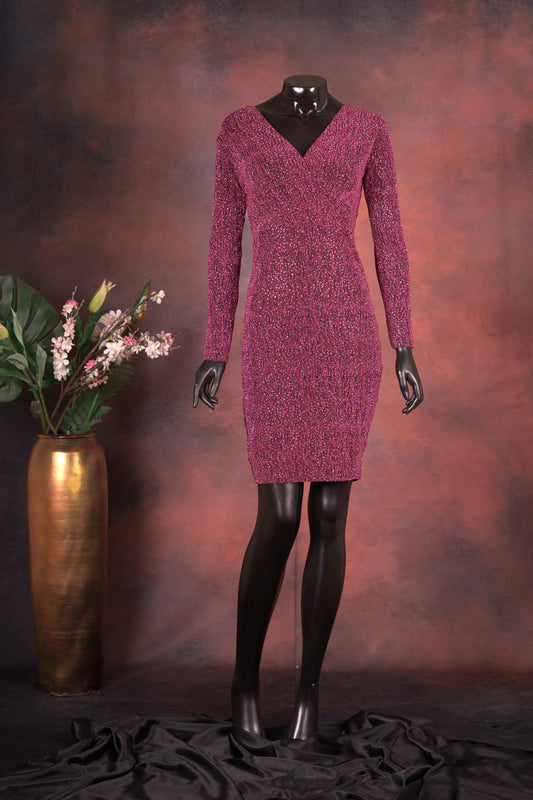 Berry Glitter V-Neck Bodycon Wrap Dress