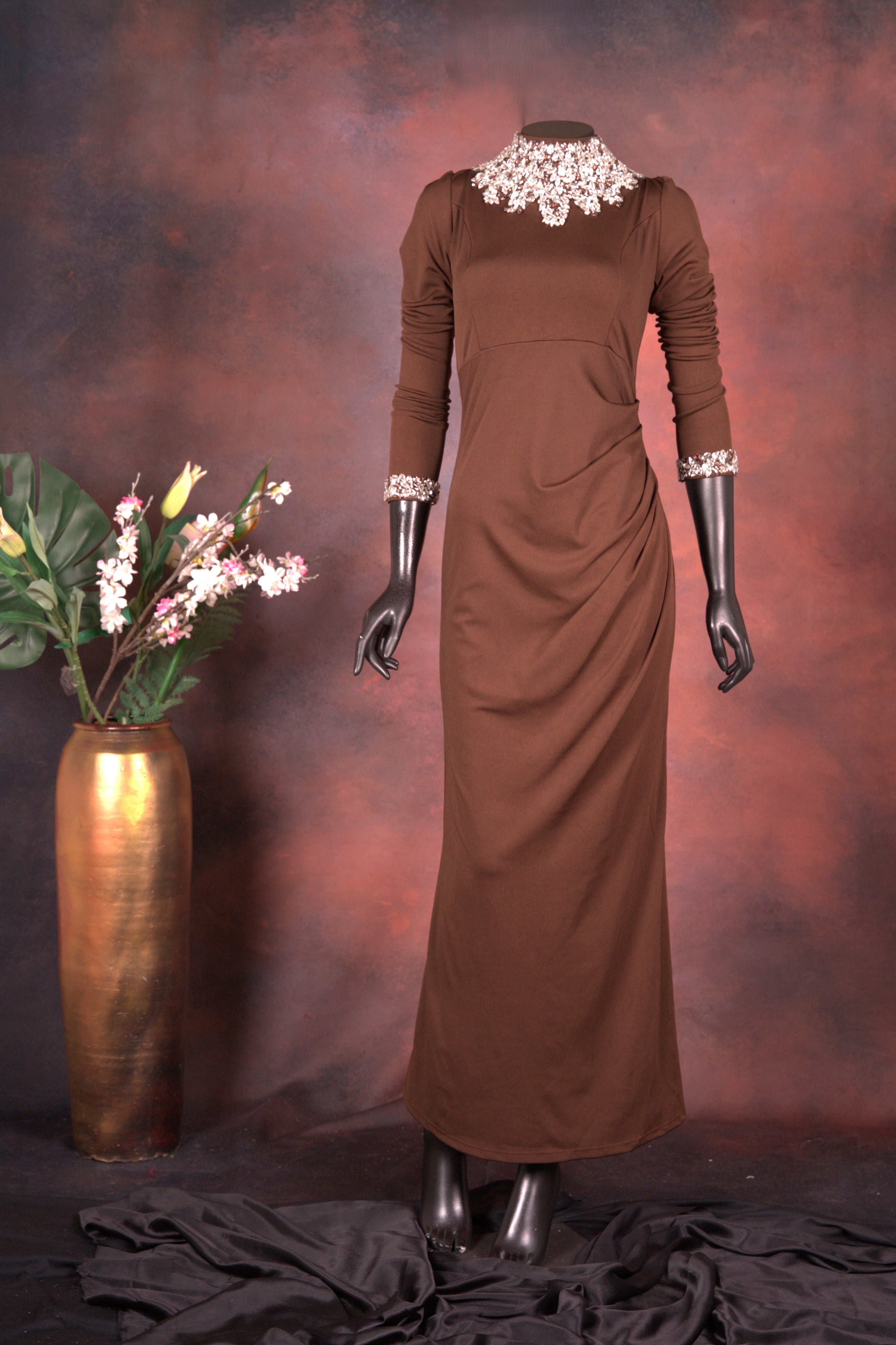 Chocolate Brown Embellished Neck Gown