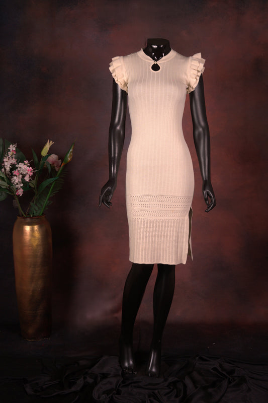 Beige Ribbed Knit Midi Dress