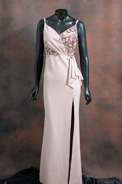 Blush Pink Floral Appliqué Wrap Gown