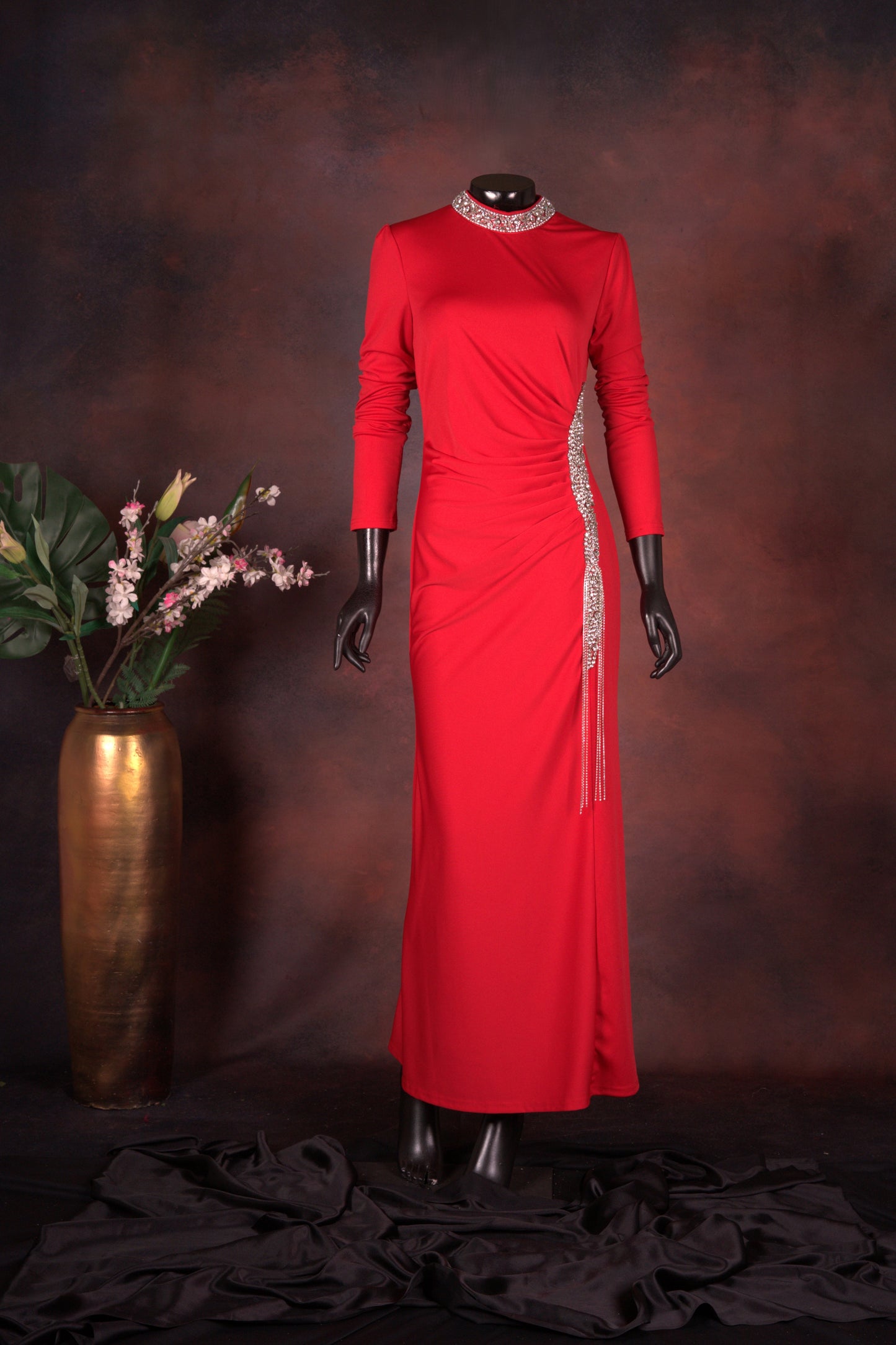 Red Embellished Evening Gown