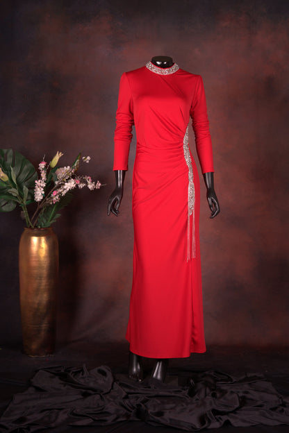 Red Embellished Evening Gown