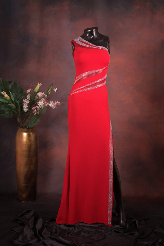 Red One-Shoulder Crystal Gown