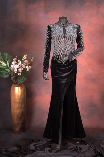 Black Velvet Embellished High Neck Gown