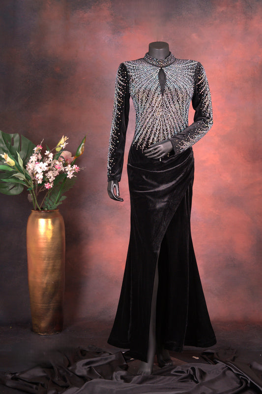Black Velvet Embellished High Neck Gown