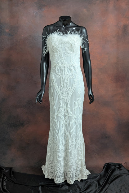 Black & Emerald Green Sequin Strapless Gown with Feather Detailing