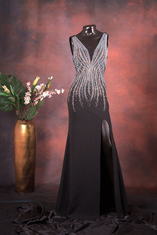 Black Embellished Slit Gown