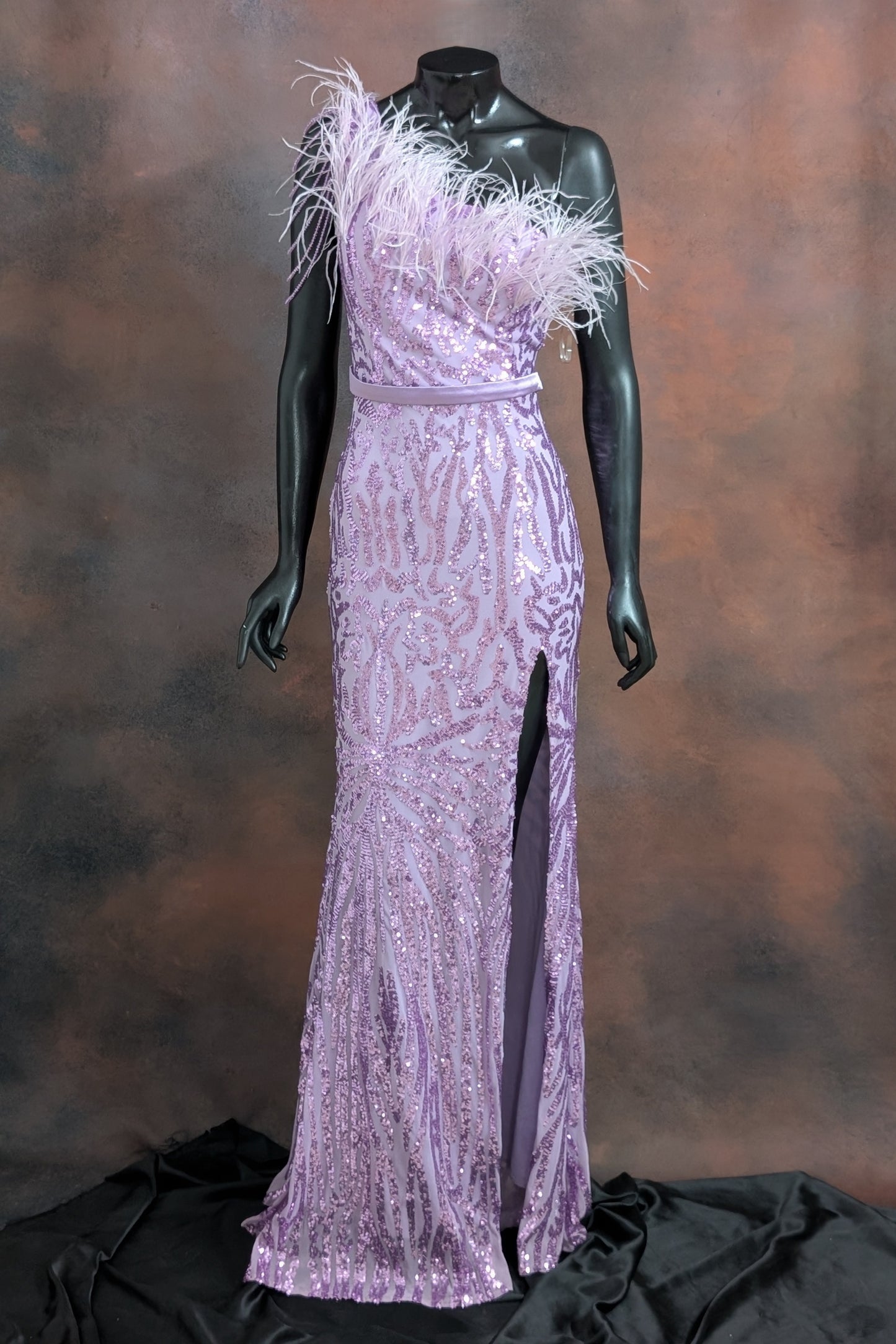 Lilac Feather-Trimmed Sequin Evening Gown