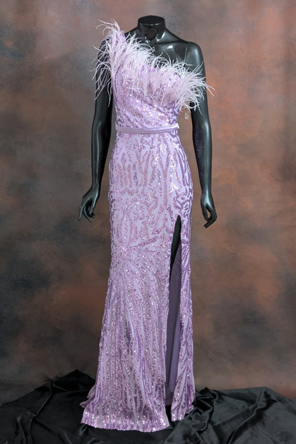 Lilac Feather-Trimmed Sequin Evening Gown