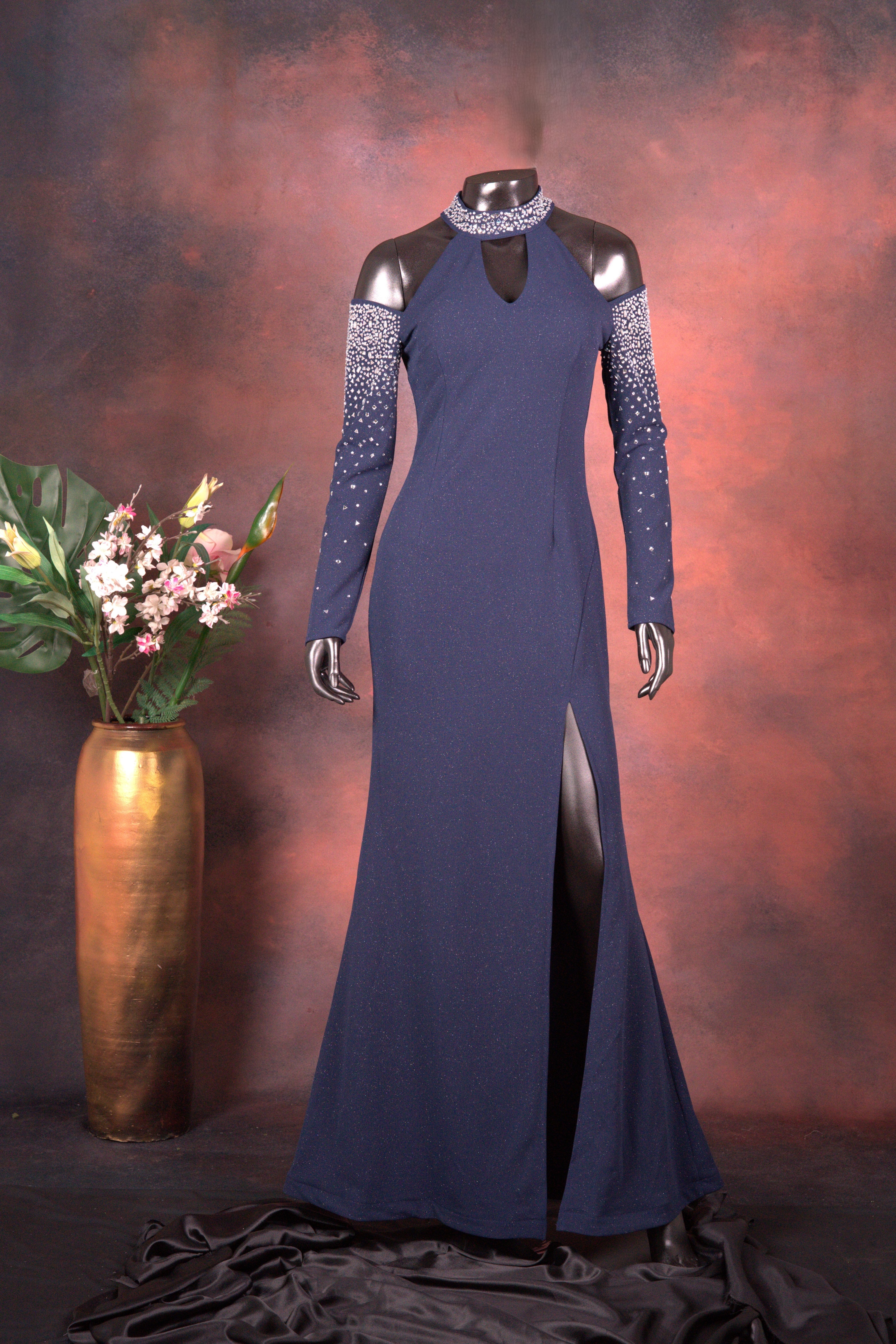Navy Blue Embellished Cold Shoulder Gown