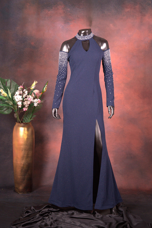 Navy Blue Embellished Cold Shoulder Gown