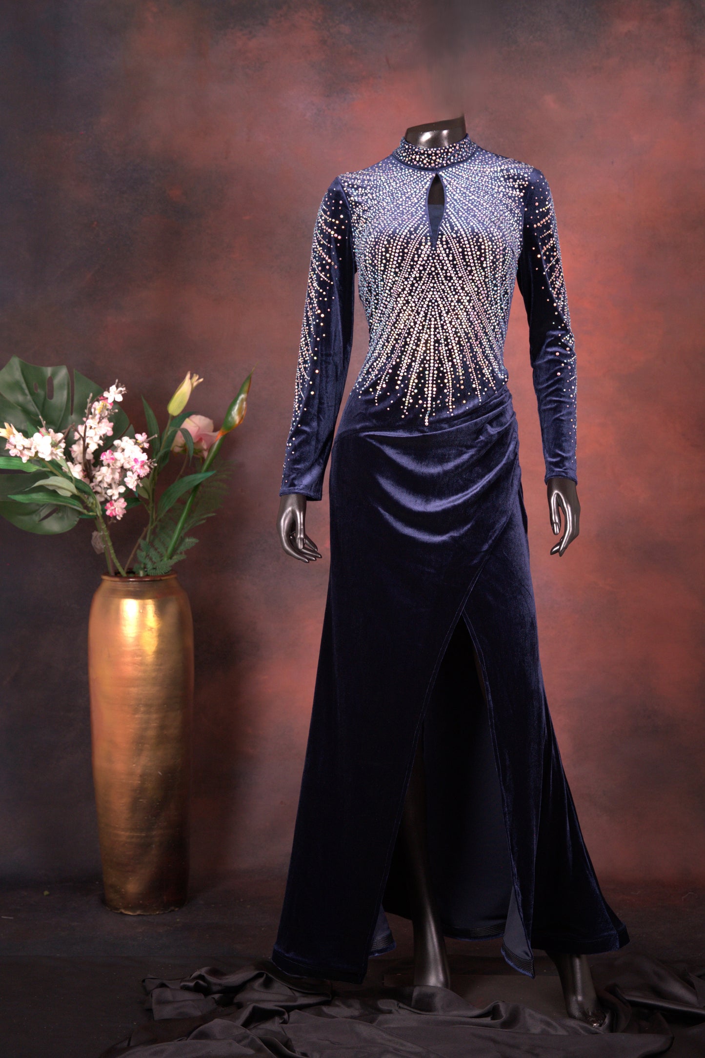 Navy Velvet Embellished High Neck Gown