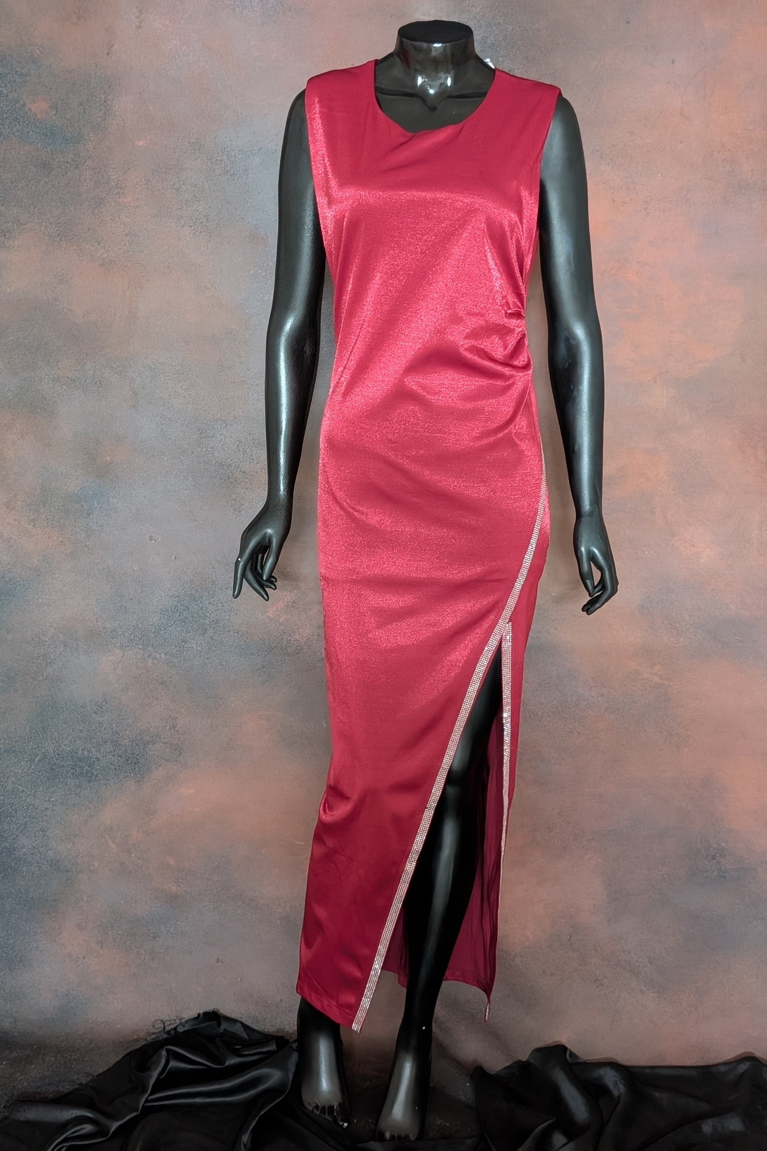 Red Satin Slit Evening Gown