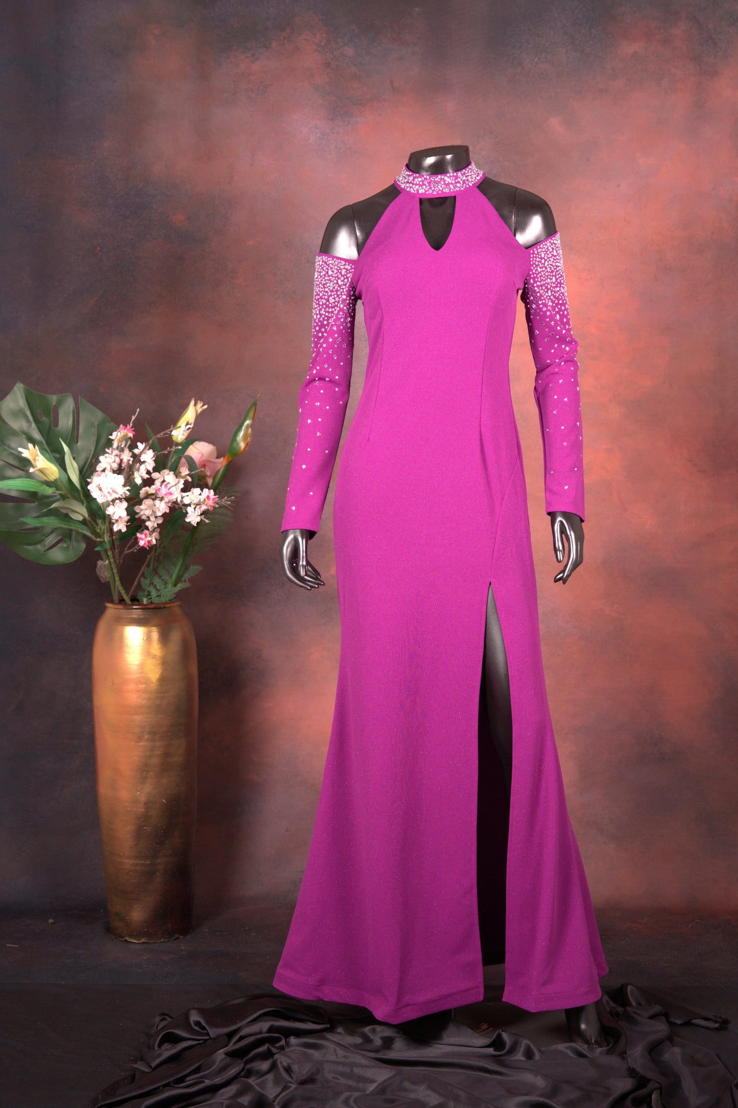 Magenta Embellished Cold Shoulder Gown