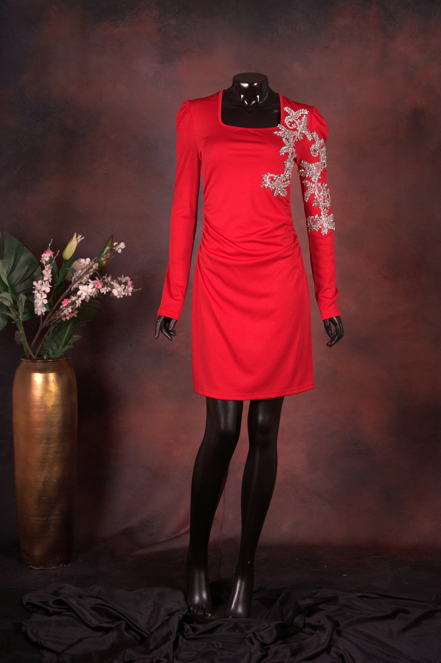 Red Embellished One-Shoulder Dress