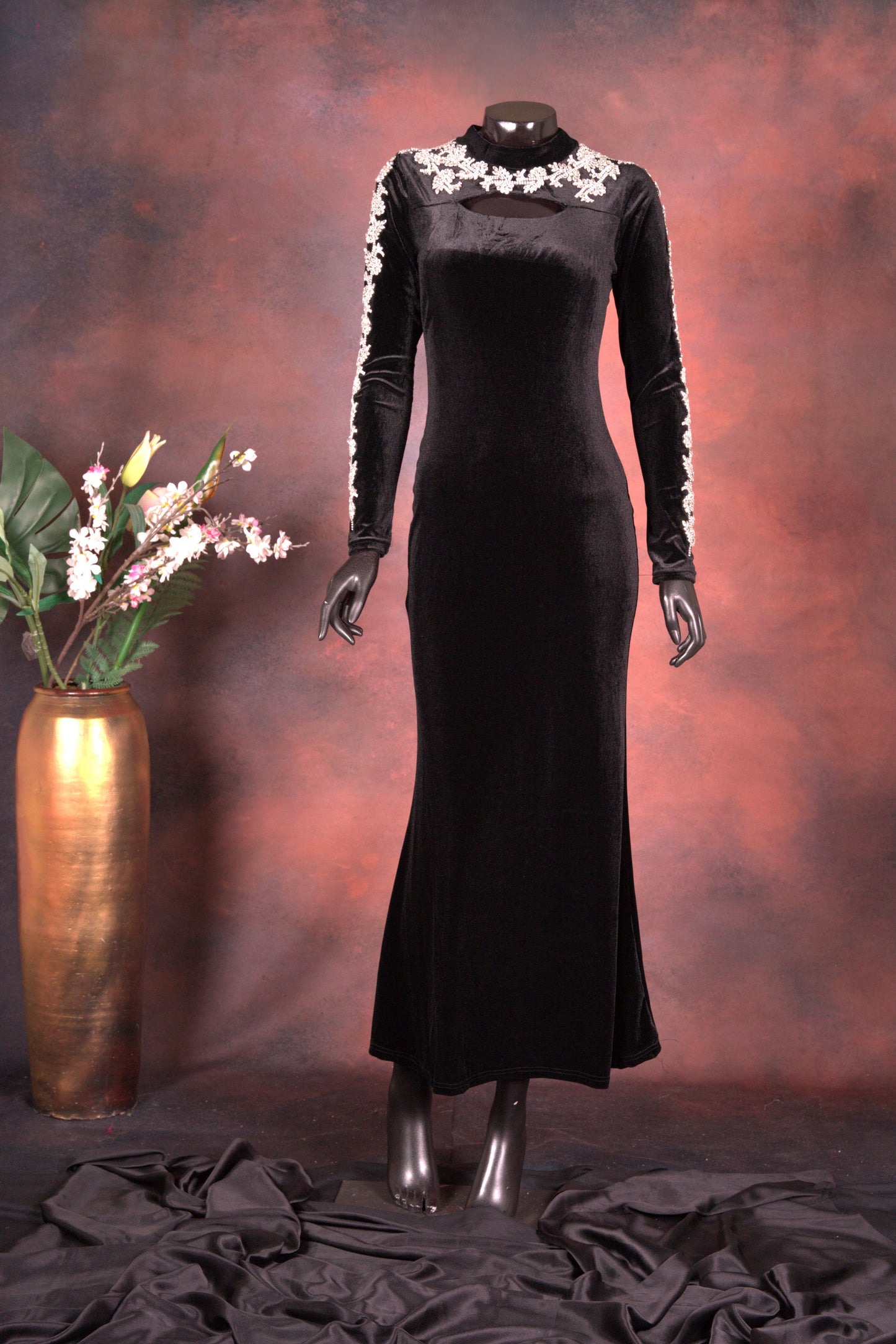 Black Velvet Embroidered Long Gown