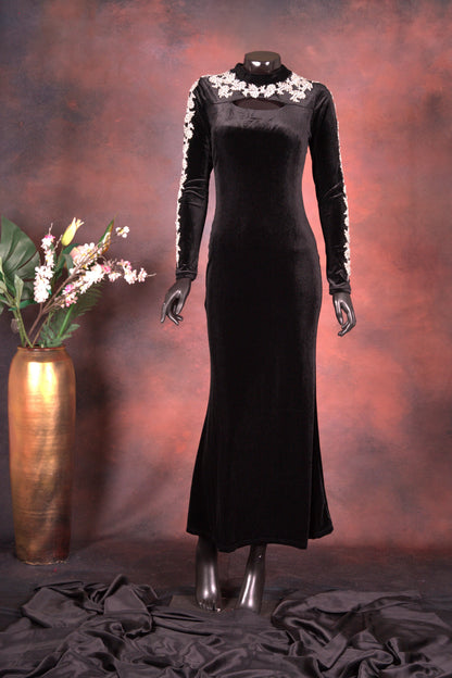 Black Velvet Embroidered Long Gown