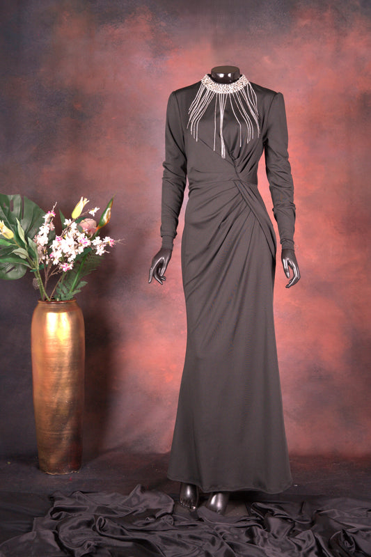 Black Ruched Evening Gown with Statement Neckline