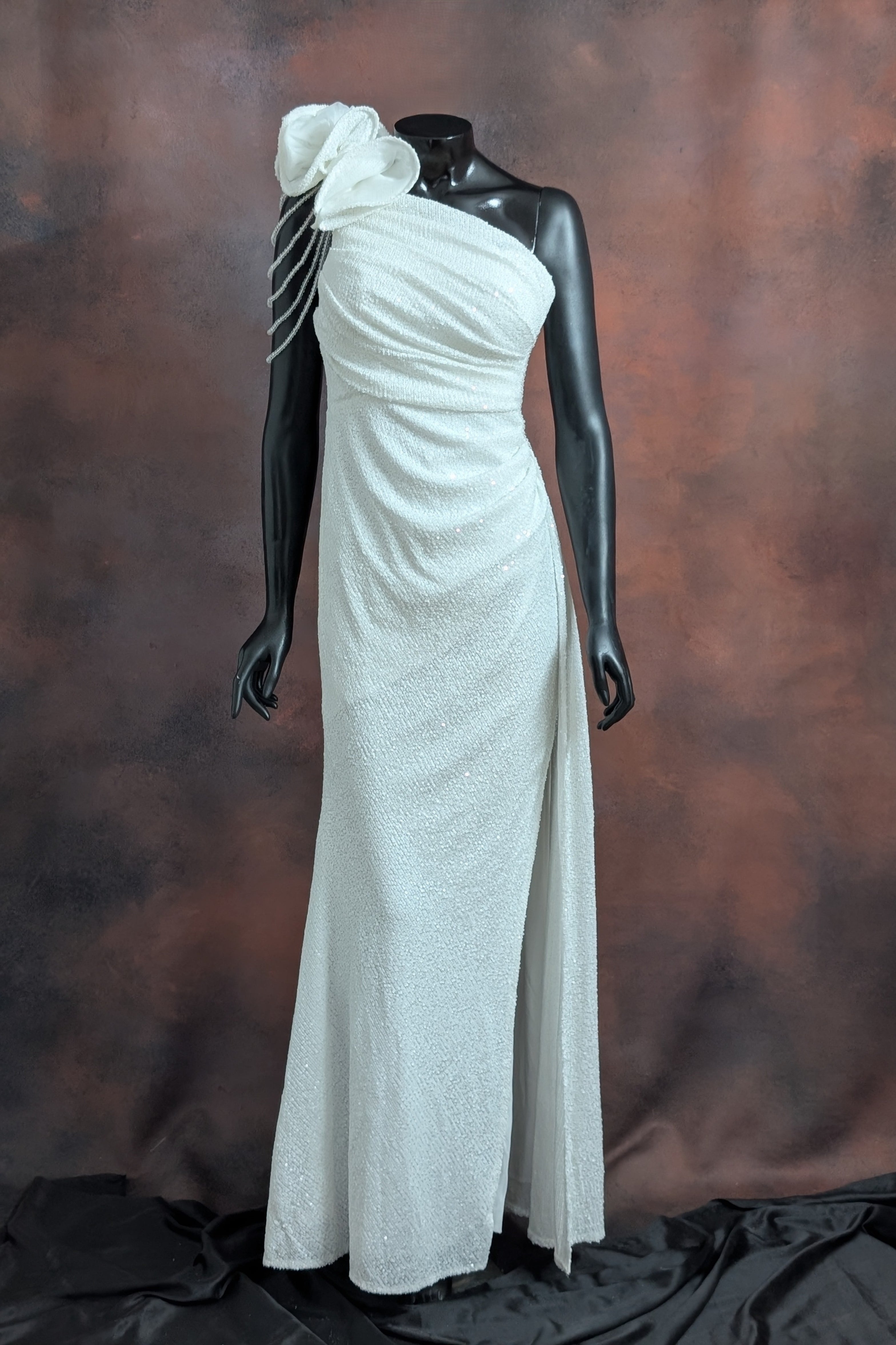 One-Shoulder Sequin Rose Detail Evening Gown