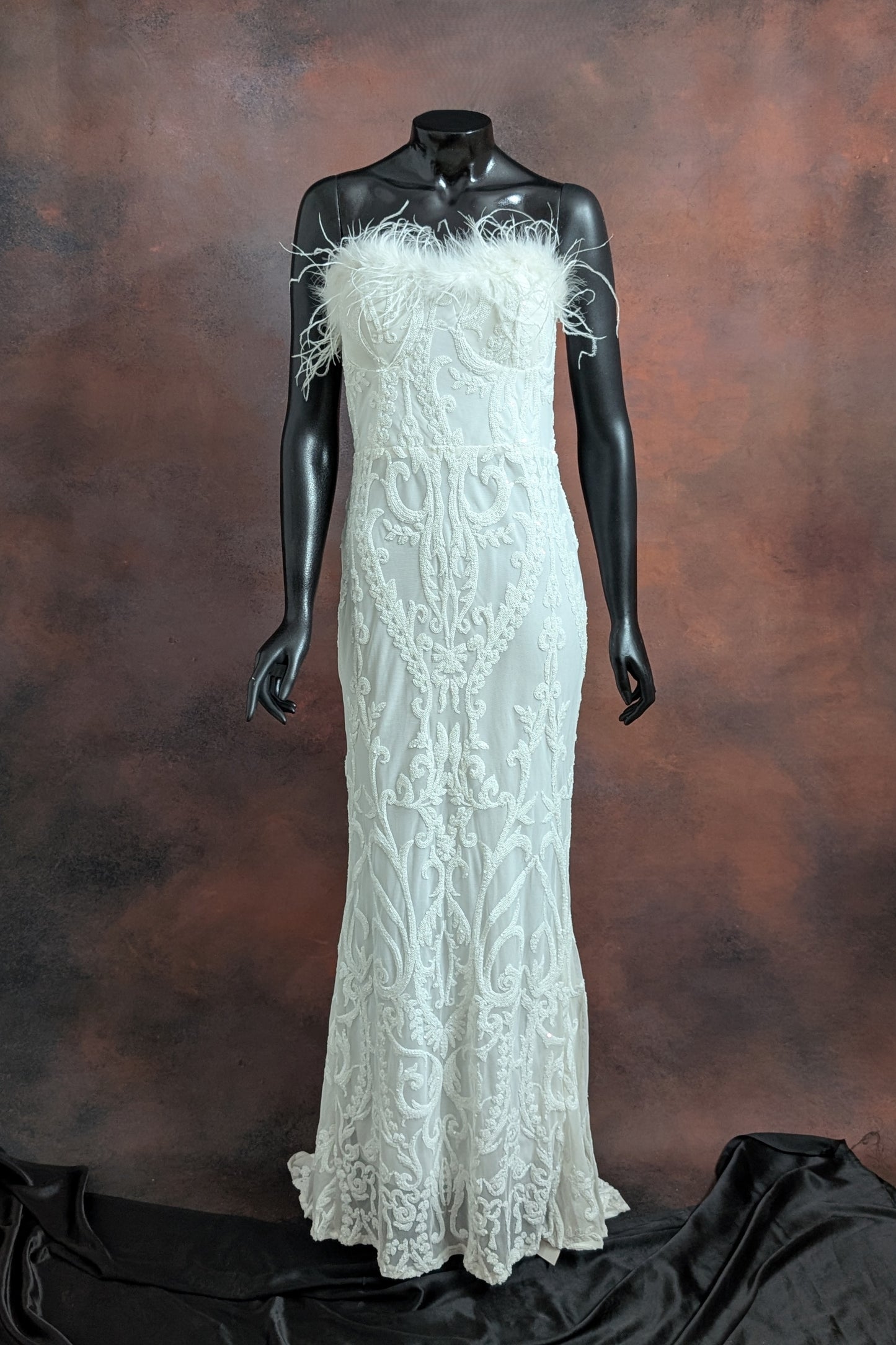 Black & Emerald Green Sequin Strapless Gown with Feather Detailing