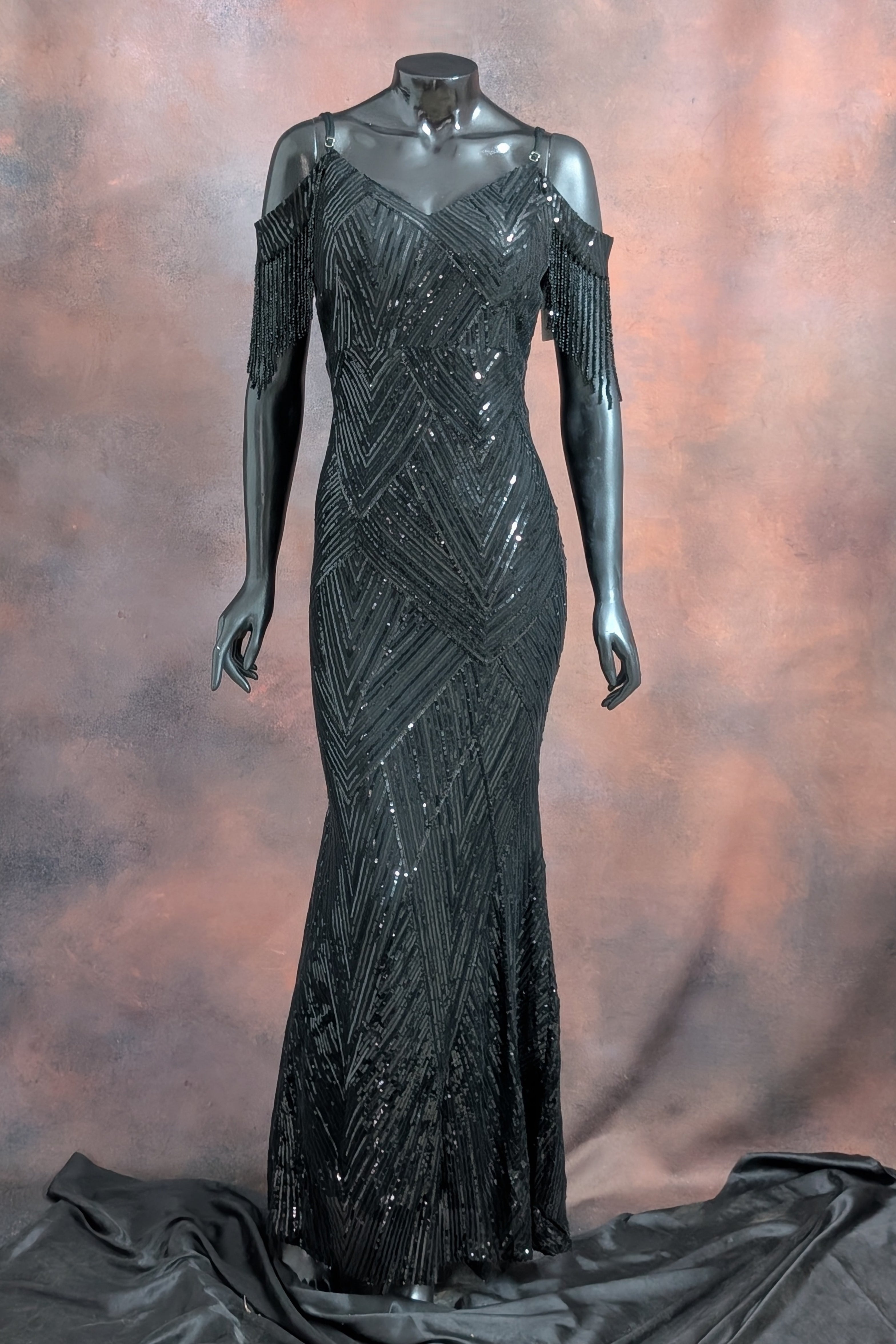 Sequin Cold-Shoulder Fringe Evening Gown