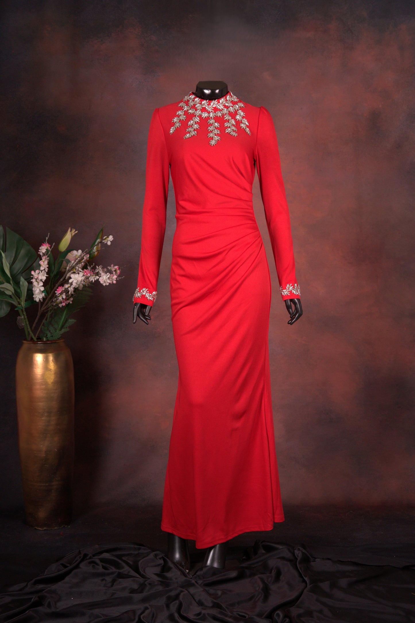 Red Embellished High-Neck Gown