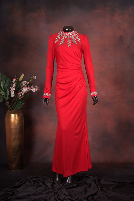 Red Embellished High-Neck Gown