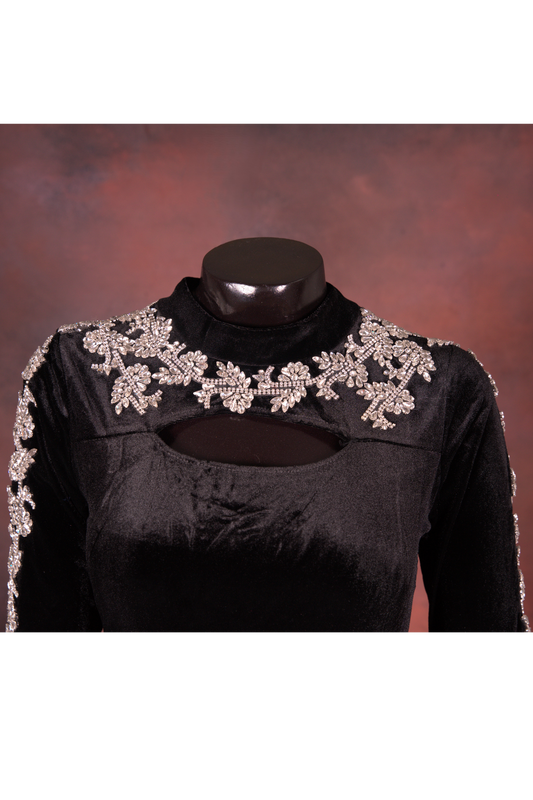 Black Velvet Embroidered Long Gown
