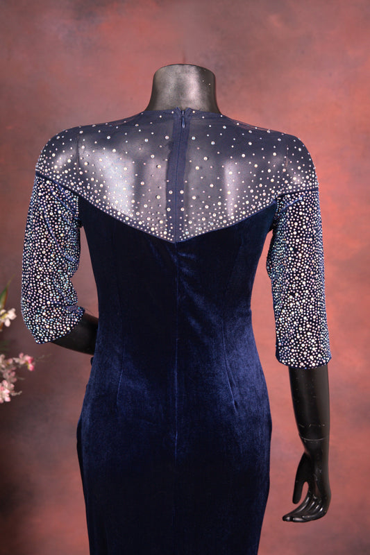 Navy Blue Velvet Embellished Gown