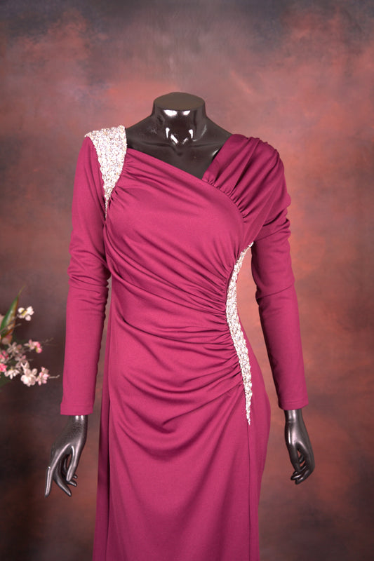 Wine Draped Gown with Crystal Accents