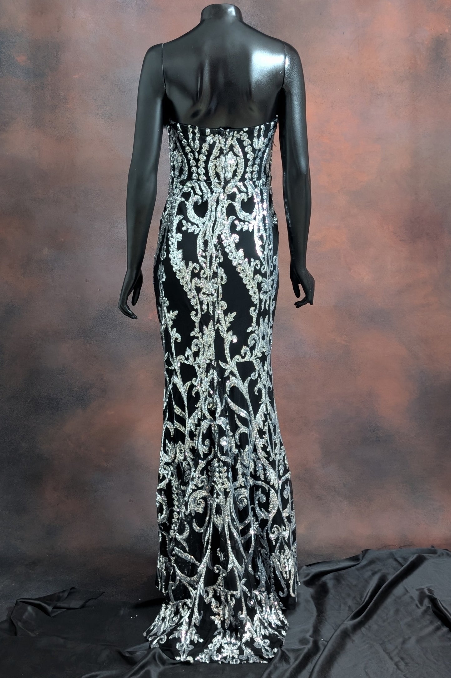 Black & Emerald Green Sequin Strapless Gown with Feather Detailing