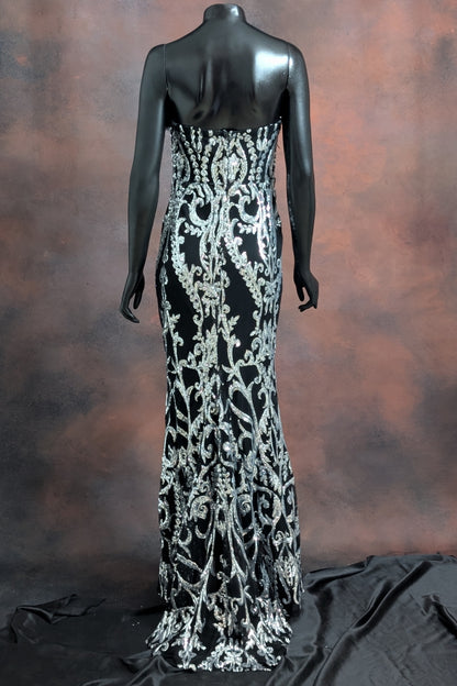 Black & Emerald Green Sequin Strapless Gown with Feather Detailing