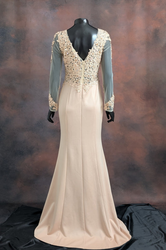 Beige Floral Lace Evening Gown