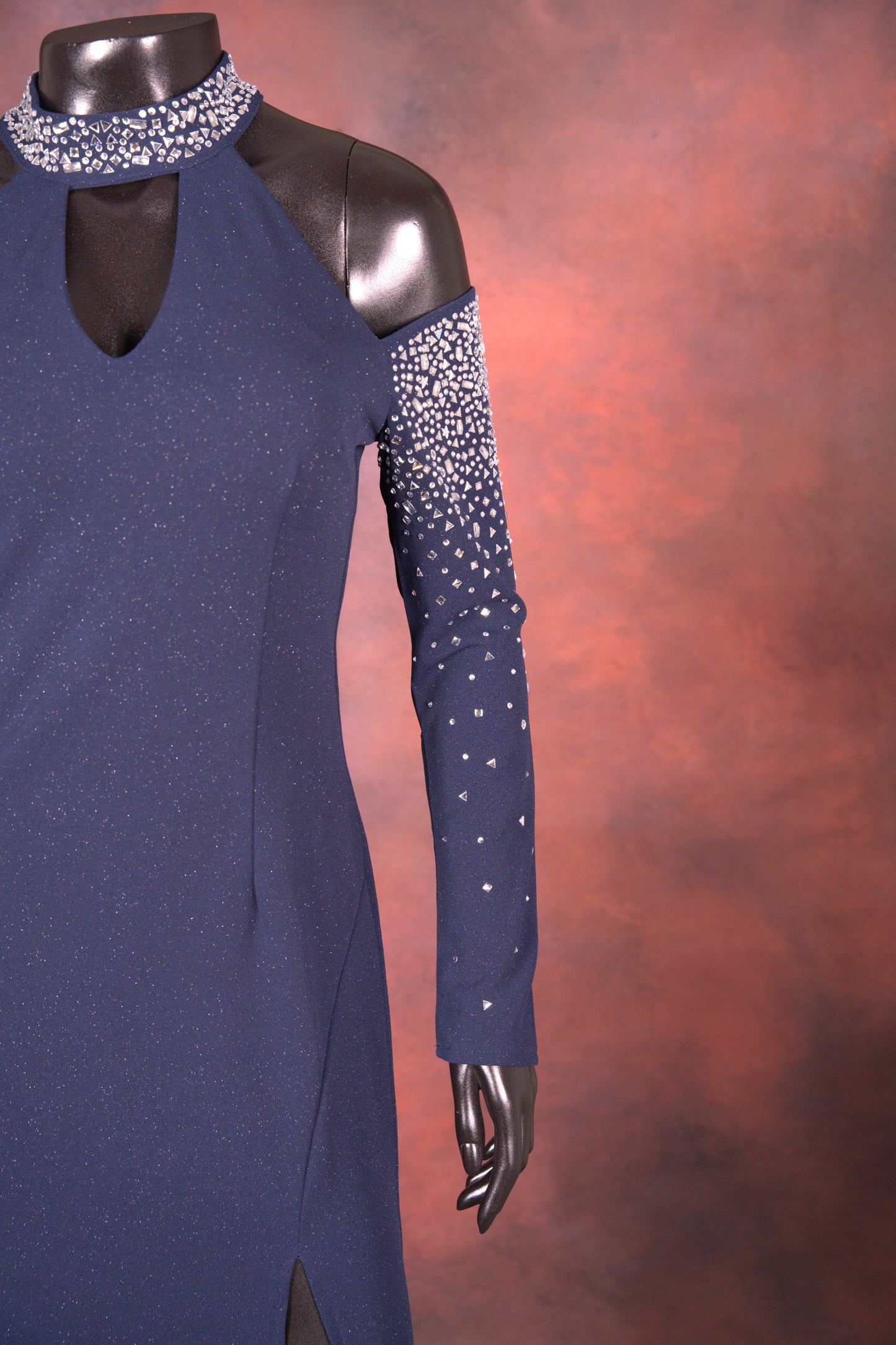 Navy Blue Embellished Cold Shoulder Gown