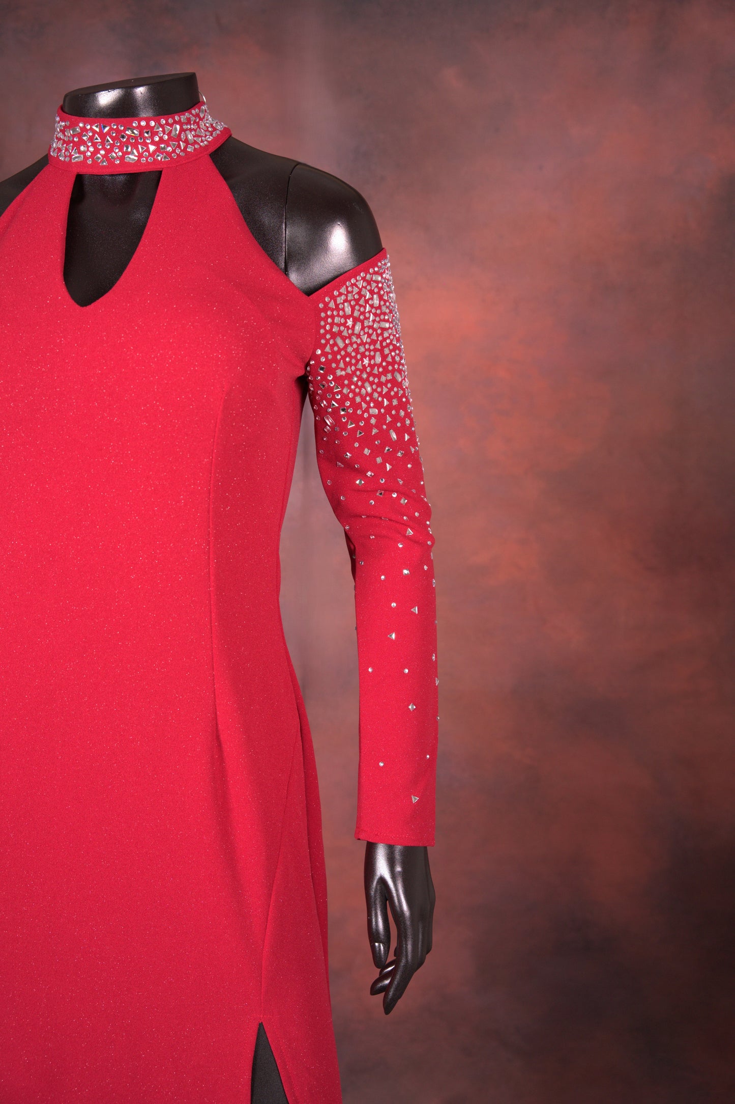 Red Embellished Cold Shoulder Gown