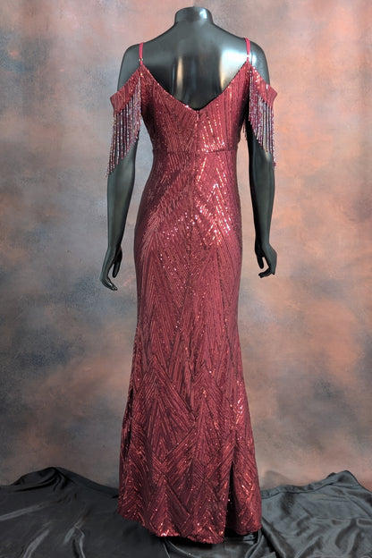 Sequin Cold-Shoulder Fringe Evening Gown