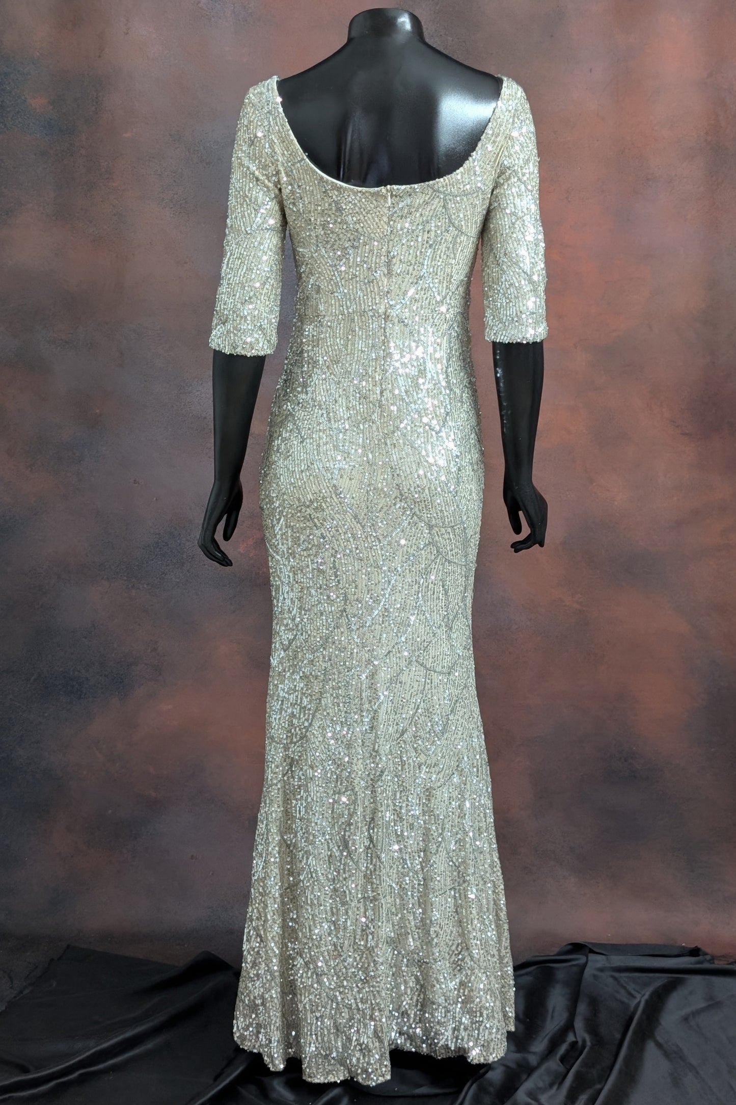 Beige Pearl Embellished Evening Gown