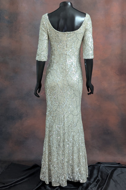Beige Pearl Embellished Evening Gown