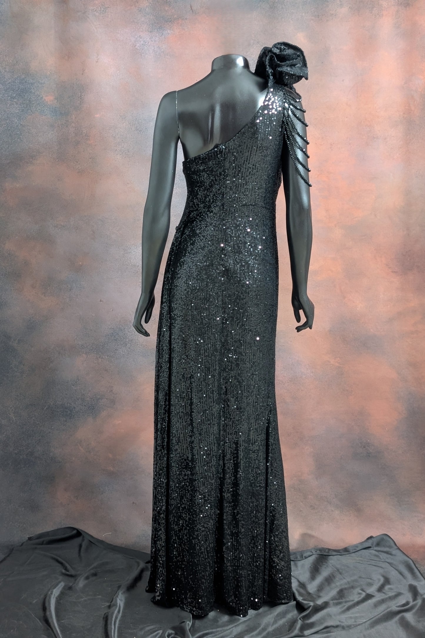 One-Shoulder Sequin Rose Detail Evening Gown