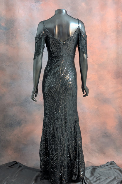 Sequin Cold-Shoulder Fringe Evening Gown