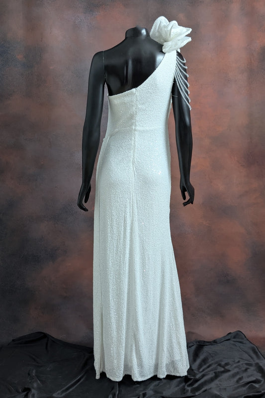 One-Shoulder Sequin Rose Detail Evening Gown