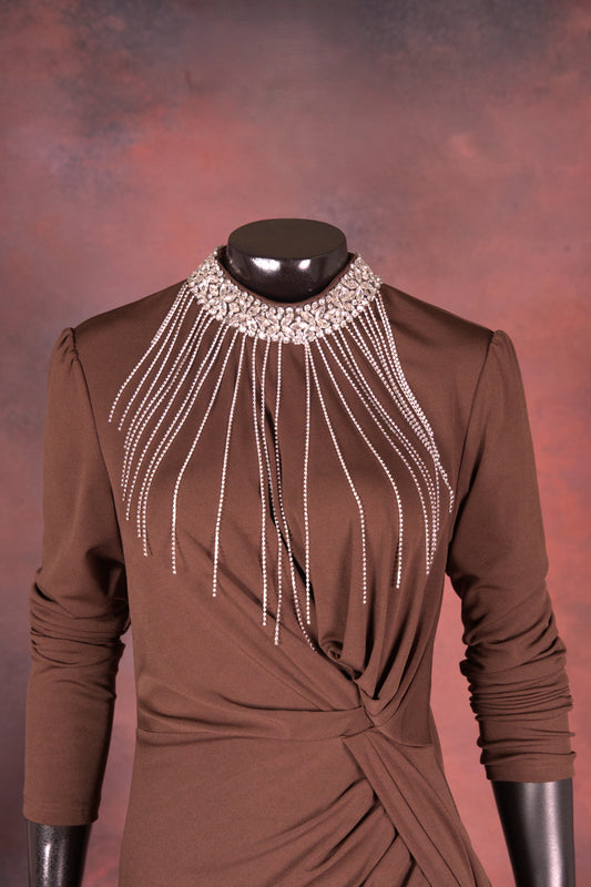 Chocolate Brown Ruched Evening Gown with Statement Neckline